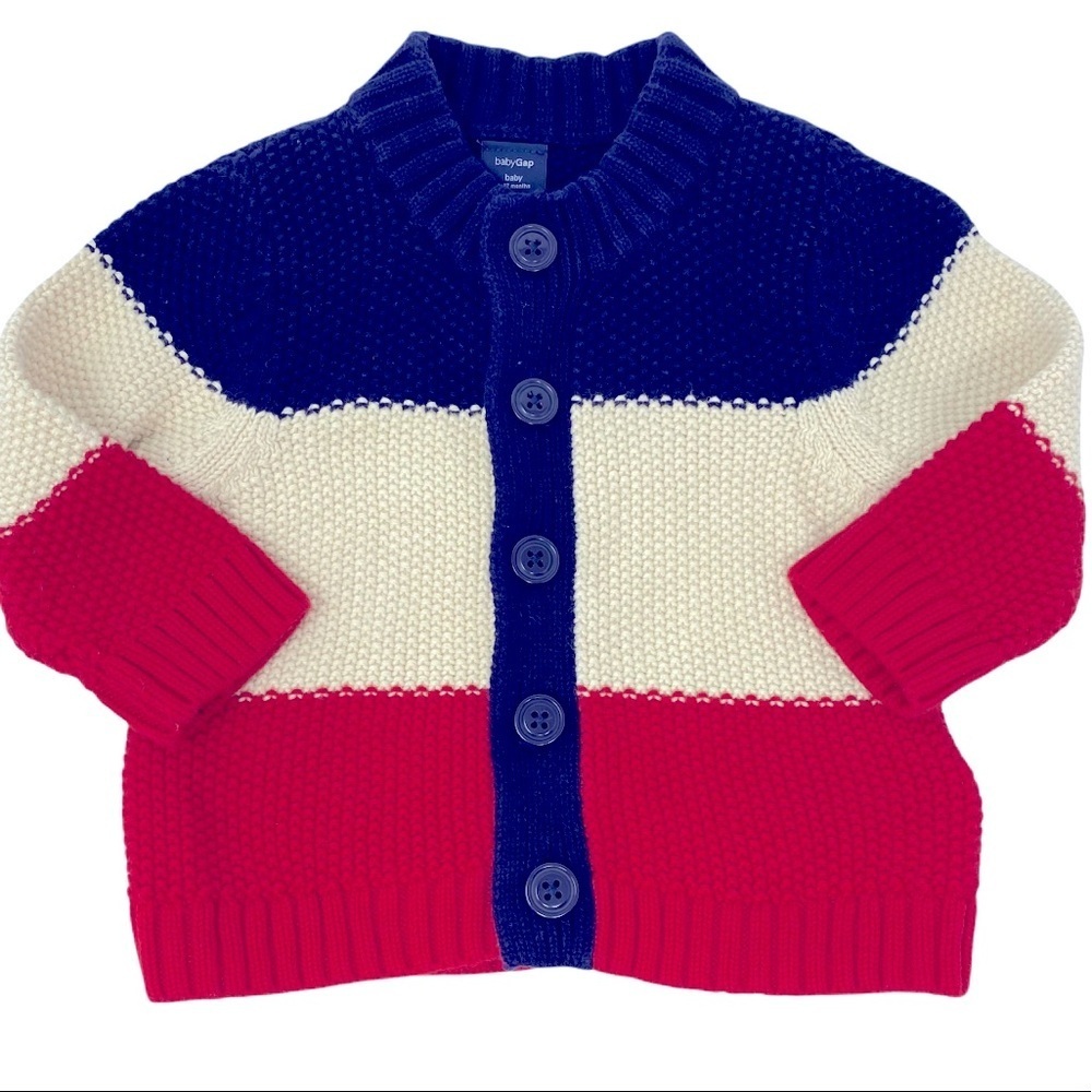 Baby cardigan knit sweater red, white and navy. Size 6-12 months button up